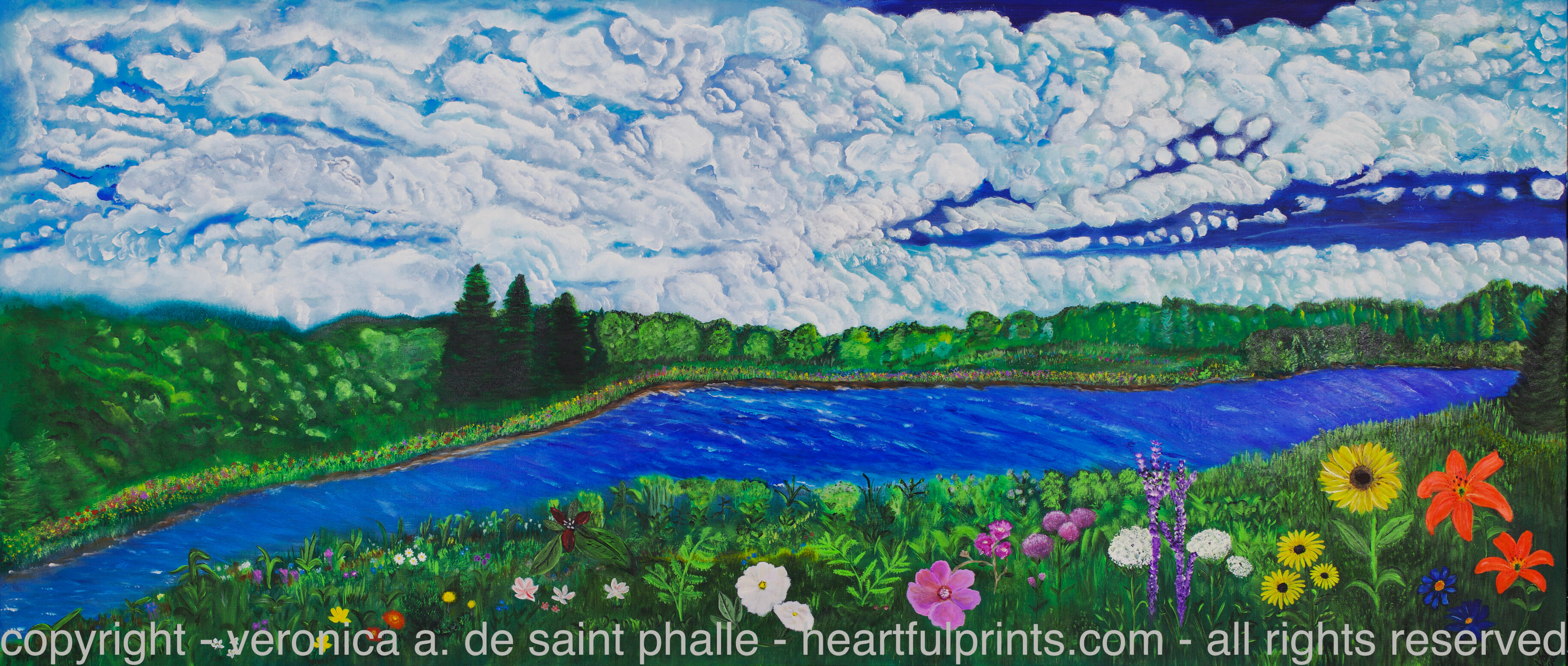 'Serenity' by Veronica de Saint Phalle - Acrylic landscape painting of Vermont river with dramatic summer clouds, forested shores, and foreground wildflower meadow including daisies, lupine, and orange lilies
